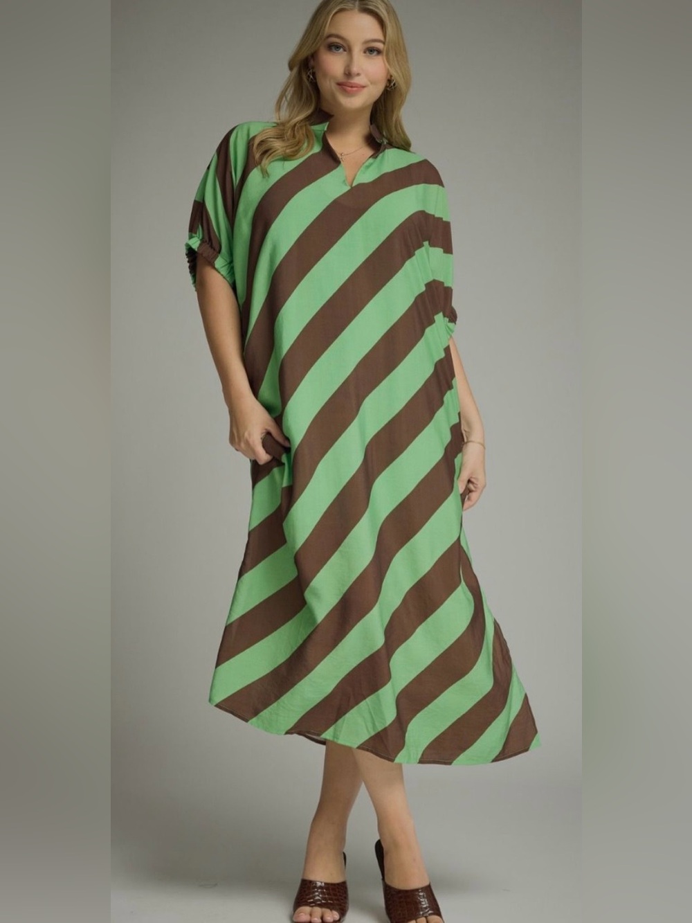 New!Entro Boutique Green & Brown Pocket Diagonal Stripe Midi Dress Size XLarge